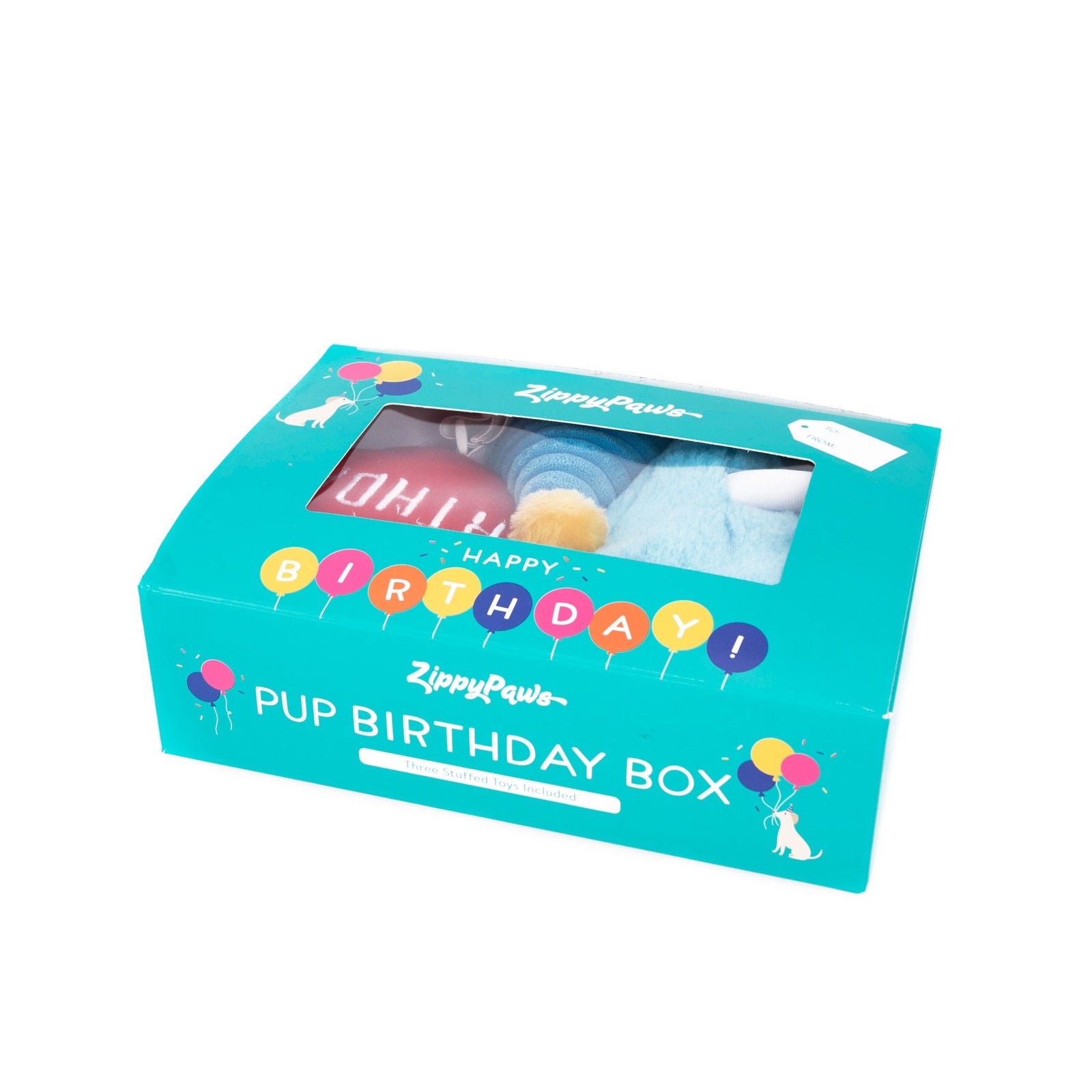 ZIPPY PAWS - Blue Birthday Box with Cake, Balloon & Party Hat Dog Plush Toy Set