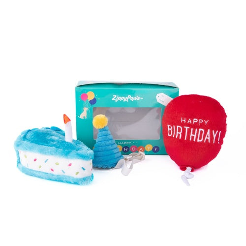ZIPPY PAWS -  Blue Birthday Box with Cake, Balloon & Party Hat Dog Plush Toy Set